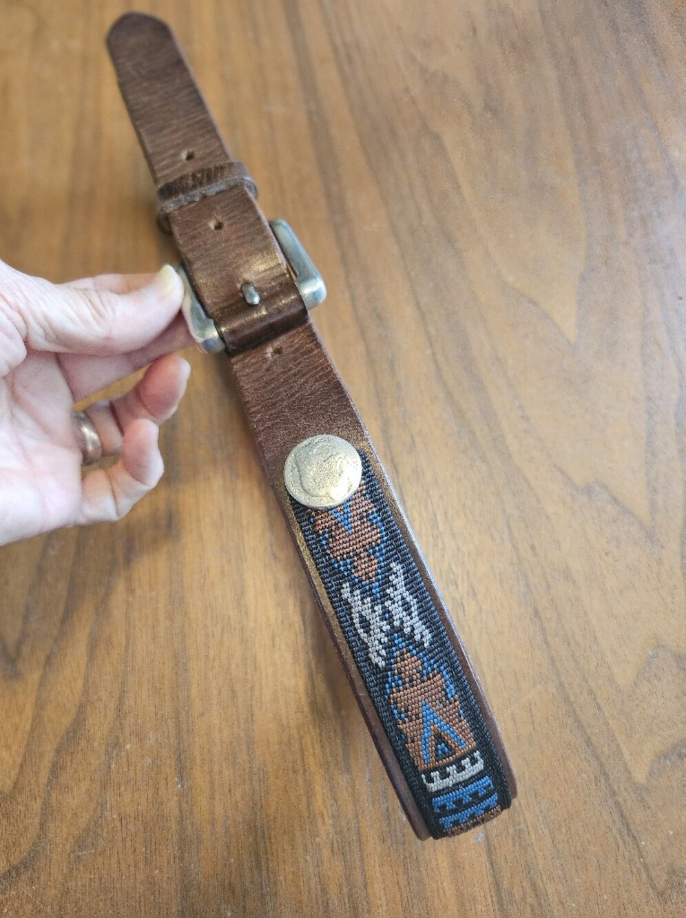 Vintage BATES Leather Brown Western Belt Tribal Needlepoint & Buffalo Nickel 28